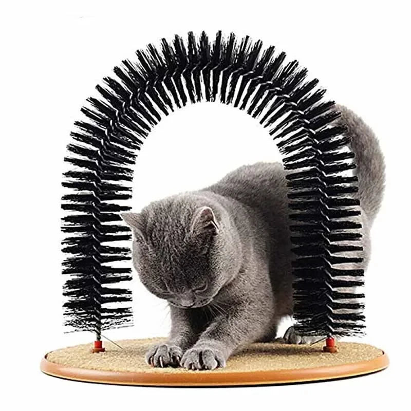 Katzenspielzeug Bogen, Selbstpfleger, verwöhnt Katzen mit einer Massage- und Fellpflegebürste mit Kratzmatte, interaktives Spielzeug für Katzen