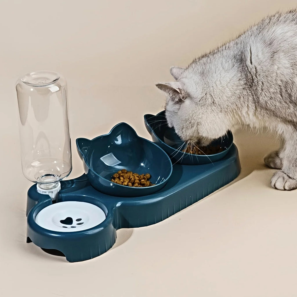 Futternäpfe mit Wasserspender, 3-in-1-Ohrdesign geneigter Katzen-Wasser- und Futternapf-Set mit Schwerkraft-Wasserflasche für Nackenschutz
