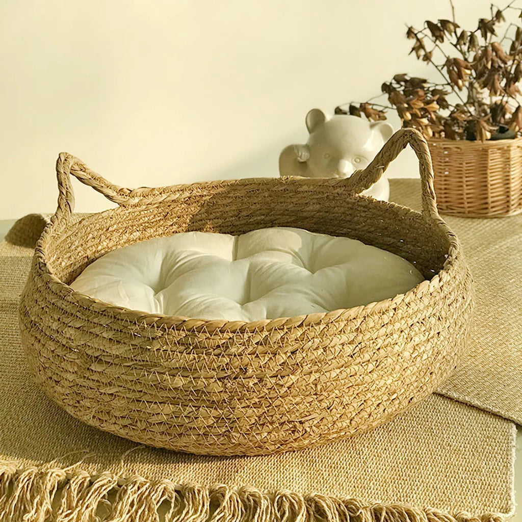 Katzenbett Haus Hundezwinger Rattan Stroh Geflochtenes Kätzchenkissen Korb Zelt Kratzbaum Welpenhöhle Nestmatte Indoor Haustierbedarf