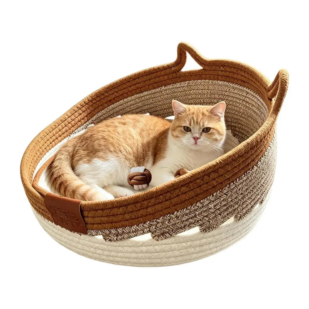 Cat Scratcher Bed With Toy Ball Cute Breathable Woven Pet Nest Cat Basket Bed For Enrichment Stimulation Indoor Sleeping