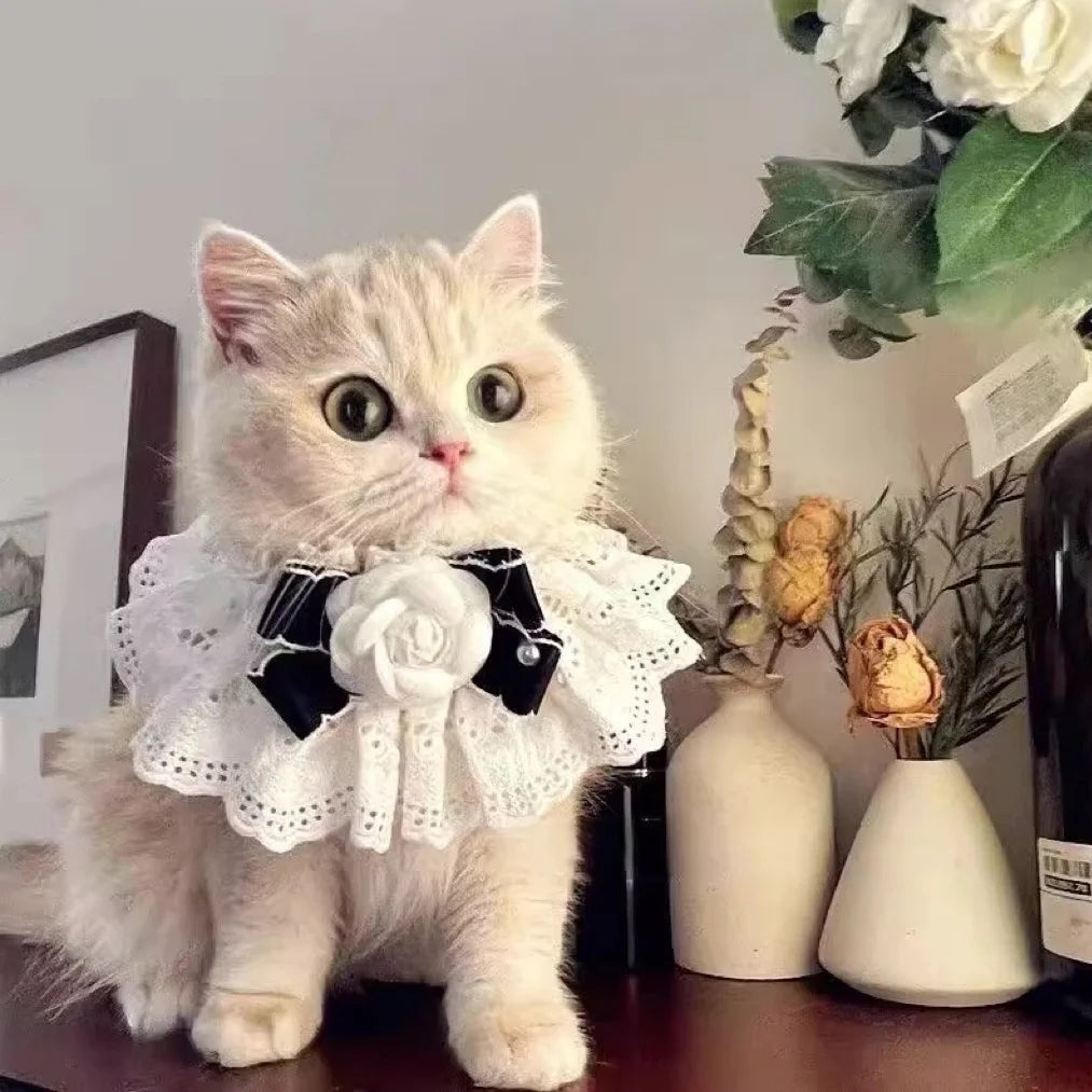Cat Dog Collar Silk Wedding Cat Puppy Ribbon Scarf Princess Style Lace Collar Bell Necklace Bib New Kitten Accessories Bowtie