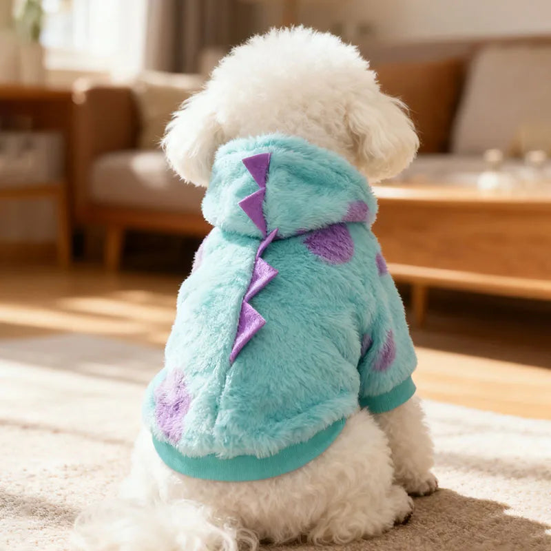 Dog Pet Clothes Hoodies Dinosaur Purple Polka Dots Warm Plush Small Puppy Medium Dogs Clothing Winter Autumn Thick Comfortable