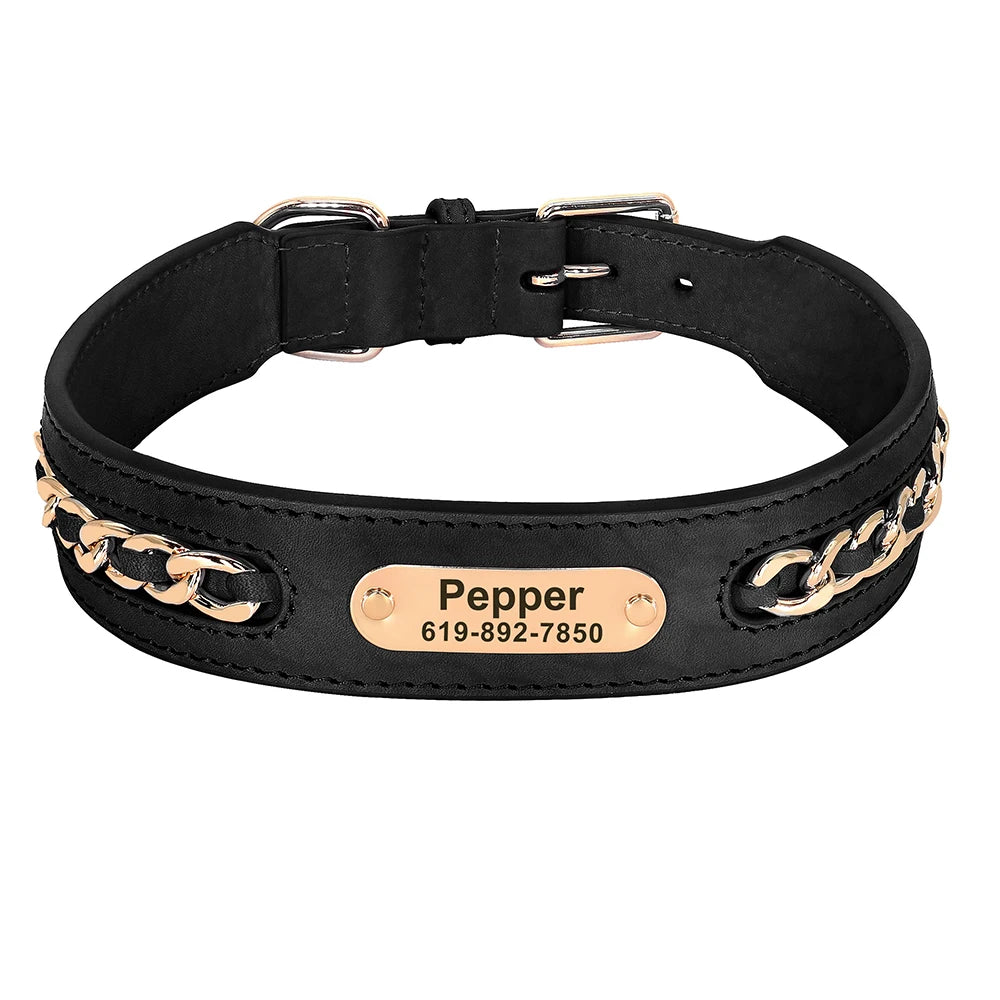 Hundehalsband aus echtem Leder für große Hunde, ID-Halsband mit kostenloser Namensgravur für kleine, mittlere und große Hunde, Metall-Design
