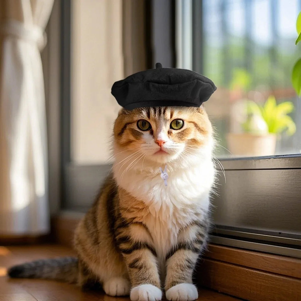 Pet Accessories Cute Cat Beret Hat Fashionable Breathable Cat Sunscreen Hat Red Black Comfortable Pet Headwear Outdoor Indoor