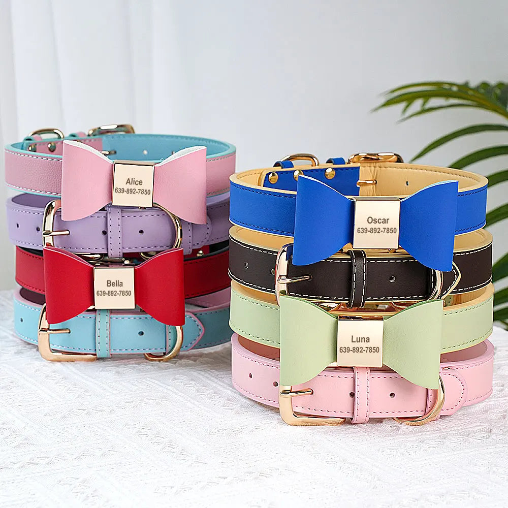 Custom PU Leather Dog Collar Soft Bowknot Pet Collars 8 Colors Free Engraved Name Puppy Cat Necklace for Small Medium Large Dogs