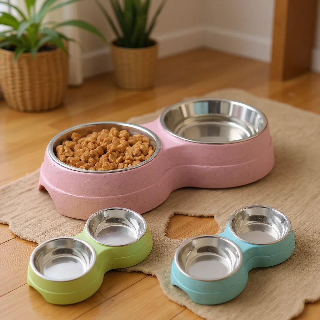 Dual Bowl Stainless Steel Double Pet Bowls for Dogs and Cats - Non-Skid Base - Perfect for Food and Water - Easy to Clean
