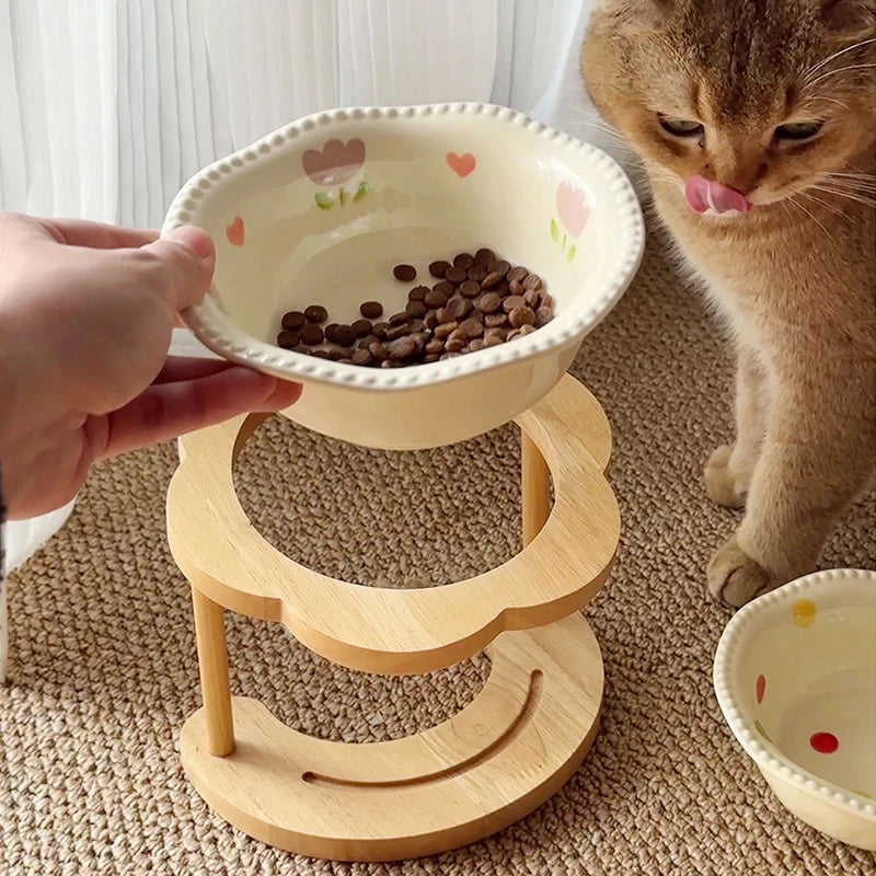 Ceramic Pet Cat Bowl High-legged Wooden Frame Drinking Water Feeding Bowl Cat Dog Pet Supplies Accessories