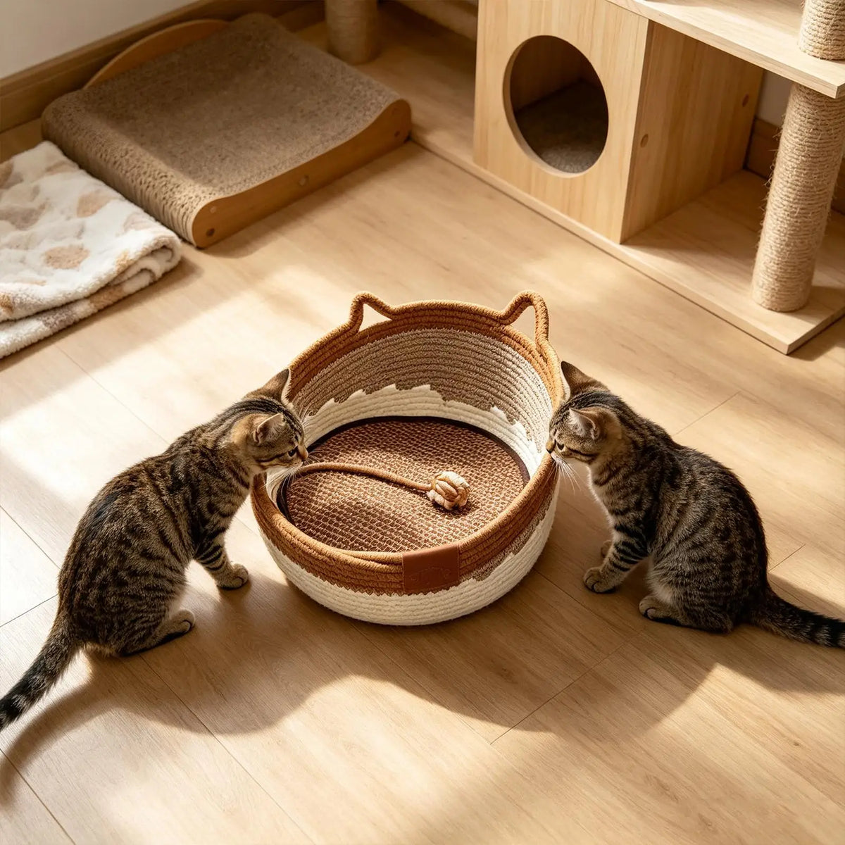 Cat Scratcher Bed With Toy Ball Cute Breathable Woven Pet Nest Cat Basket Bed For Enrichment Stimulation Indoor Sleeping