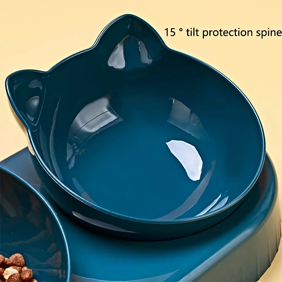 Futternäpfe mit Wasserspender, 3-in-1-Ohrdesign geneigter Katzen-Wasser- und Futternapf-Set mit Schwerkraft-Wasserflasche für Nackenschutz