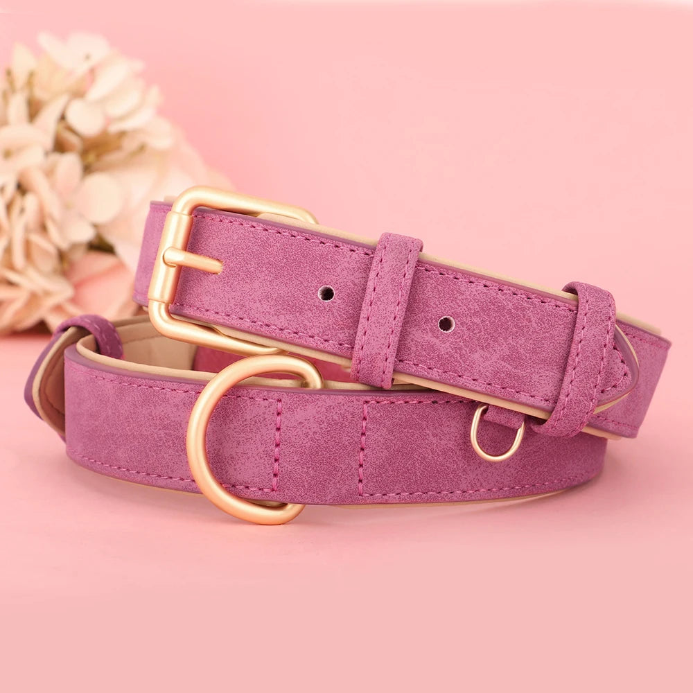 Verstellbares Hundehalsband aus Wildleder, weich gepolstertes Hundehalsband aus Leder für kleine, mittelgroße und große Hunde, Pitbull, Rosa
