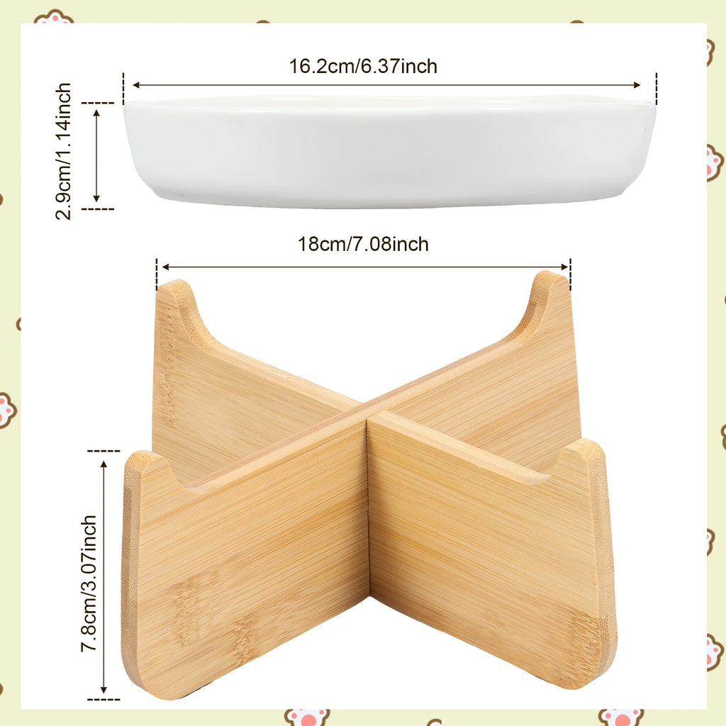 Raised Cat Bowl Elevated Cat Bowls with Wood Stand Ceramic Slow Feeder Bowl Cat Feeding Bowl Anti Vomiting Cat Food Bowl Non-Sli