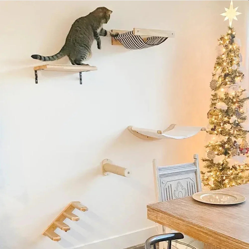 Wandmontiertes Katzenklettergerüst 50cm Katzenkletterleiter Hängematte Aktivität Sisal Katzenkratzbaum Katzenpedal Indoor Katzenhaus