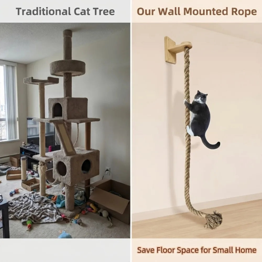 Wandmontierter Katzenkratzbaum, natürliche Sisalhanfseil, vertikales Katzenkletterseil, platzsparendes Indoor-Katzenspielzeug mit Holzplattform