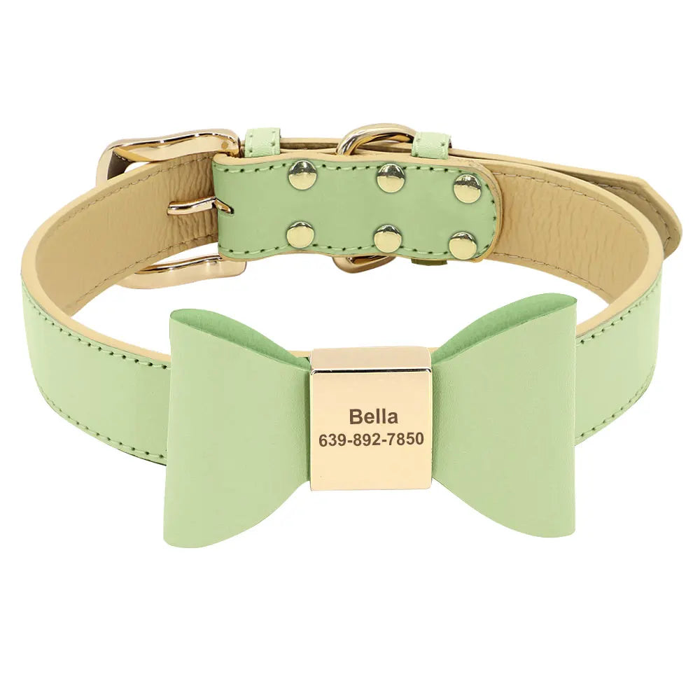 Custom PU Leather Dog Collar Soft Bowknot Pet Collars 8 Colors Free Engraved Name Puppy Cat Necklace for Small Medium Large Dogs