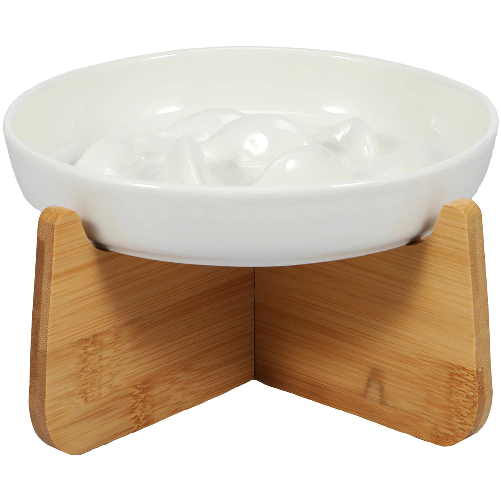 Raised Cat Bowl Elevated Cat Bowls with Wood Stand Ceramic Slow Feeder Bowl Cat Feeding Bowl Anti Vomiting Cat Food Bowl Non-Sli