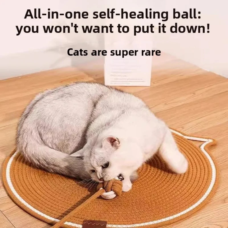 Cat Scratching Mat, Durable Cotton Rope Cat Scratcher with Self-Play Ball, 2-in-1 Sleeping & Claw Care Pad, Summer Use