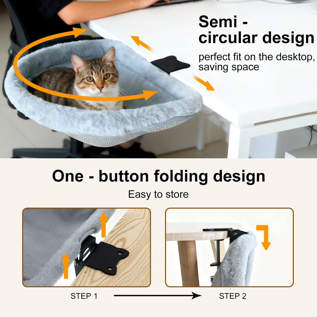 Katzen-Schreibtischbett, einfaches Zusammenklappen, versenktes Design, platzsparend, halbkreisförmige Katzen-Schreibtisch-Hängematte für Heimbüros und Wohnungskatzen