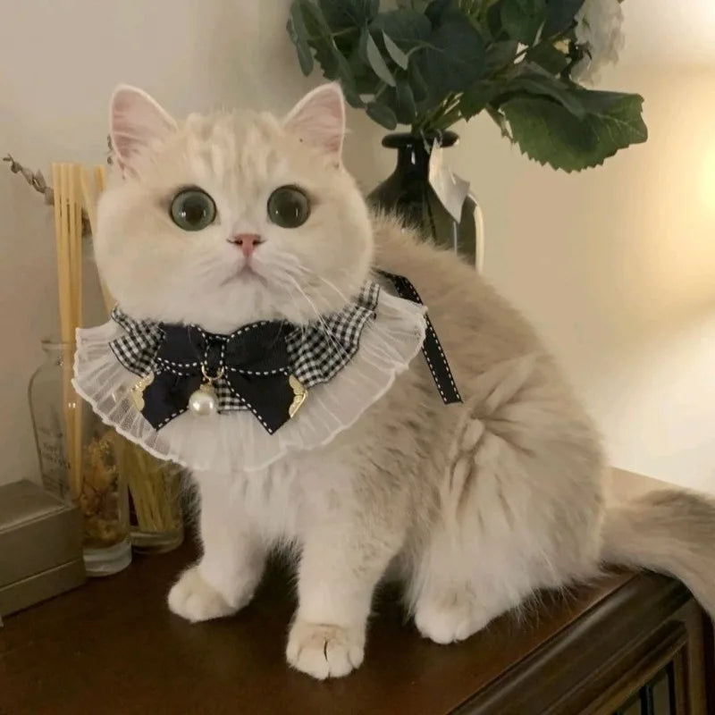 Cat Dog Collar Silk Wedding Cat Puppy Ribbon Scarf Princess Style Lace Collar Bell Necklace Bib New Kitten Accessories Bowtie