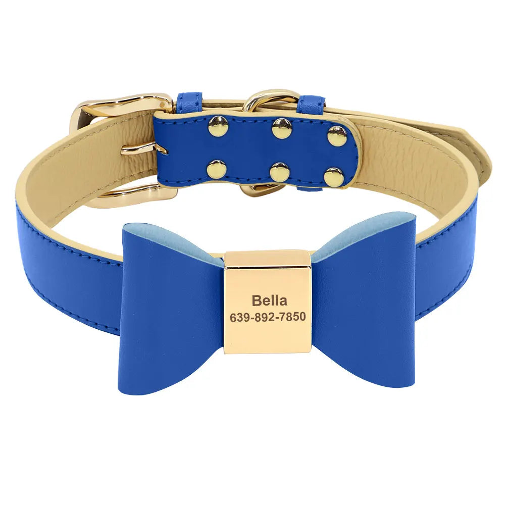 Custom PU Leather Dog Collar Soft Bowknot Pet Collars 8 Colors Free Engraved Name Puppy Cat Necklace for Small Medium Large Dogs