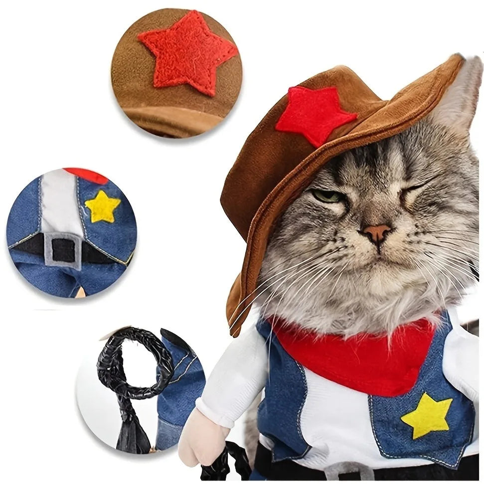 Cowboy Verwandlungs-Haustierkostüm Lustiges Katzen-Cosplay-Outfit mit Hut Halloween-Weihnachtsfeier-Verkleidungskleidung für kleine und mittelgroße Tiere