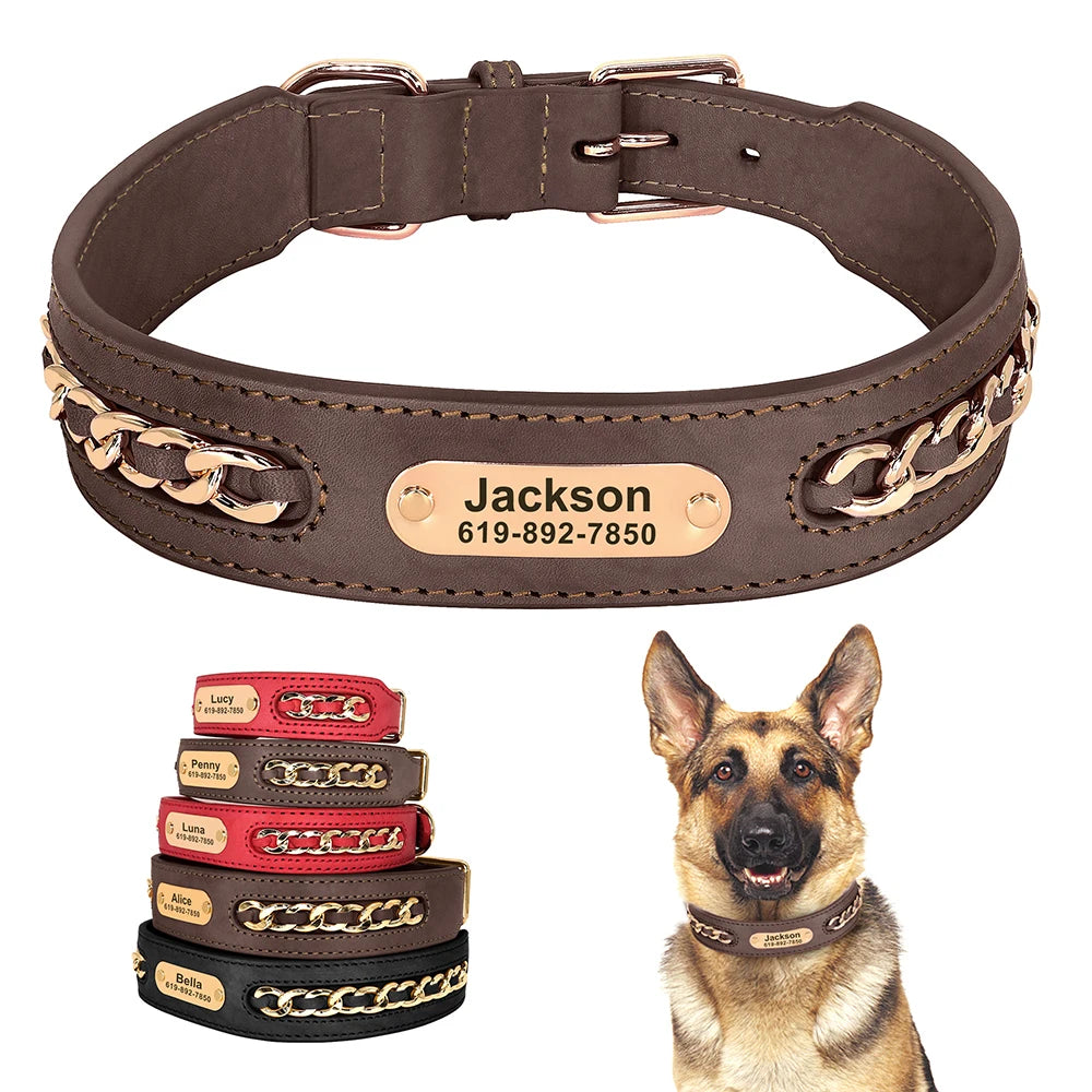 Hundehalsband aus echtem Leder für große Hunde, ID-Halsband mit kostenloser Namensgravur für kleine, mittlere und große Hunde, Metall-Design